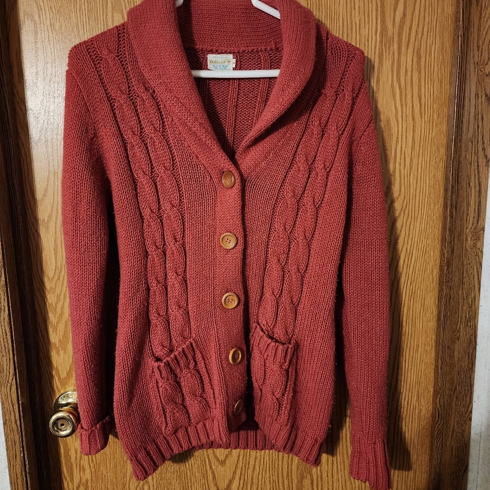 VTG 70s Helen Sue Shawl Collar Cable Knit Cardigan Sweater